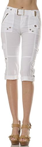 (27207R) Helium London Womens Stretch Poplin Cargo Capri with Woven Belt in White Size: S