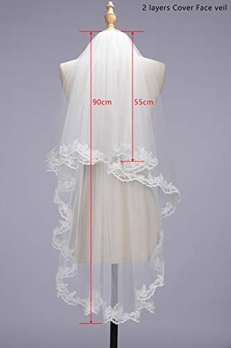 Women's Short 2 Tier Lace Wedding Bridal Veil With Comb,Ivory - Thumbnail 7