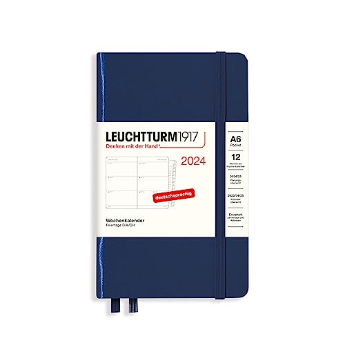 LEUCHTTURM1917 367627 Wochenkalender Pocket (A6) 2024, mit Extraheft für Adressen und Jahrestage, Marine, Deutsch, 12 Monate