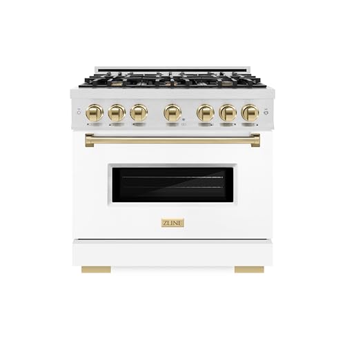 ZLINE Autograph Edition 36 in. 5.2 cu. ft. Classic Gas Range with 6 Burner Cooktop and Convection Gas Oven in Satin Stainless Steel with White Matte Door and Polished Gold Accents (CGRSZ-WM-36-G)