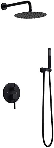 Homary Luxury 2-Function 10" Rain Shower System Wall Mounted Shower Combo Set High-Pressure Round Shower Head Hand Shower Set Solid Brass, Matte Black with Rough-in Valve and Trim