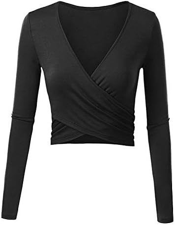 ENIDMIL Women's Deep V Neck Long Sleeve Crop Tops Slim Fit Cross Wrap Bodycon Shirt