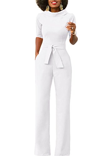 KISSMODA Women's Sexy Lapel Jumpsuits Wide Leg Long Romper Pants With Belt White X-Large