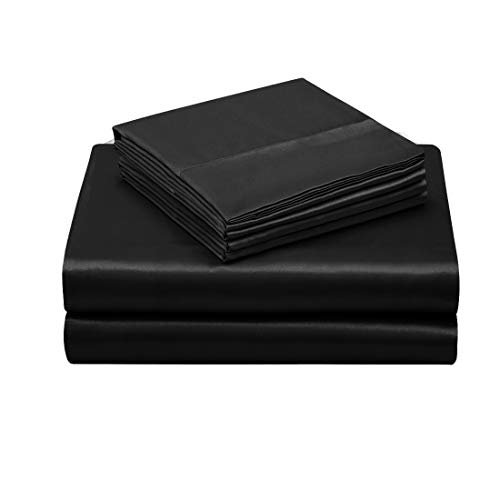 TREELY 6 Piece Satin Sheets Full Size Silky Smooth Black Satin Sheet Set with Deep Pocket, Satin