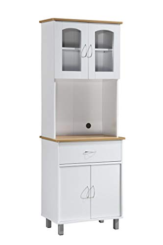 Hodedah Long Standing Kitchen Cabinet with Top & Bottom Enclosed Cabinet Space, One Drawer, Large Open Space for Microwave, White