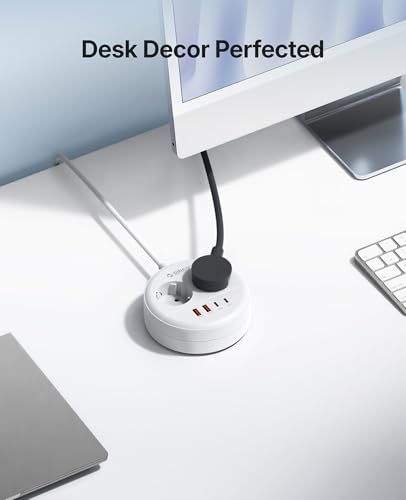 ORICO Regleta Enchufes USB C Redonda, Multienchufe 2500W con 2 Tomas CA, 2 USB-A y 2 USB-C 20W, Cable 1,5m, Montaje en Pared con Tornillos (Ahorro de Espacio), para Oficina y Hogar, Blanco OSP