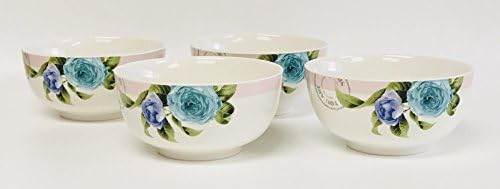 Set Of 4 | White With Pink Stripe And Blue, Green And Pink Rose Flower Patterned Porcelain Bowls | Great For Soup | Salad | Dessert Bowls | 5.25 inches x 2.75 inches