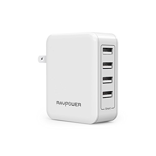 Wall Charger RAVPower 40W 4-Port USB Plug Charger 8A Charging Station for Smartphone, Tablet, External Battery Pack and Bluetooth Speaker - White