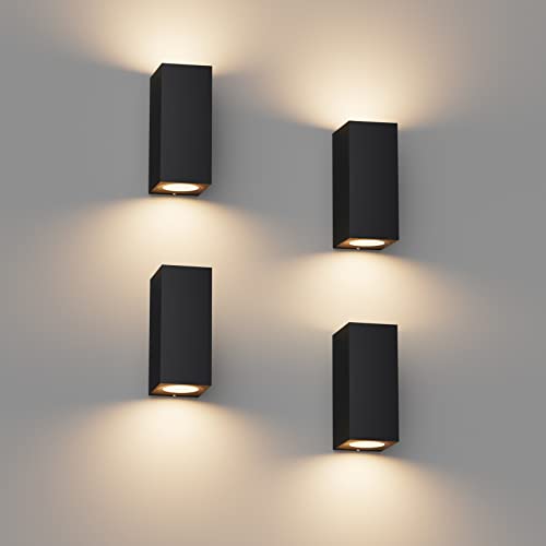 Klighten Pack of 4 Black Wall Light Outdoor Indoor Waterproof IP65 Modern Outdoor Wall Lamp Aluminium Square Outdoor Light Wall Up Down GU10 Socket Outdoor Wall Light without Bulb