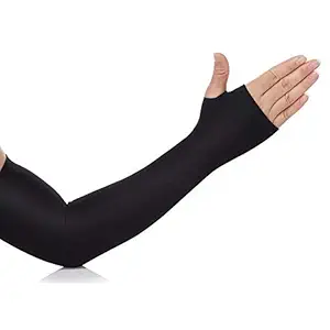 VeleSolv Arm Sleeves, Black Fully Stretched Skinny Fit Arm Guards for Sports/Bikers/Joggers with Thumb Hole (Black, Pack of 1)