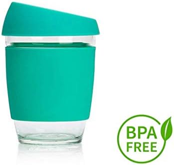 New Design 2018 Reusable Glass Coffee Cup -12oz - Eco-Friendly - BPA Free - Espresso,Tea, Mug with Silicone Sleeve & Cover Lid- Environmentally Conscious - Dishwasher and Microwave Safe (Green)