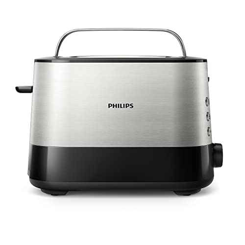 Philips Viva Collection Tostapane – 2 Ampi Alloggiamenti per Fette Spesse o Sottili, Griglia Scaldapanini Integrata, 7 Livelli di Doratura, Vassoio Raccoglibriciole (HD2637/90)