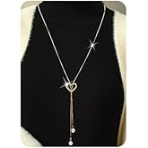 Wiwpar Plated Heart Dainty Pearl Pendant Necklace Crystal Heart Pearl Pendant Statement Long Sweater Chain Rhinestone Bar Y Lariat Necklace for Women Birthday (Gold)