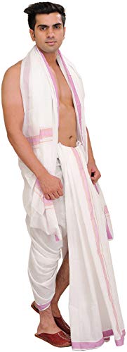 Exotic India White Dhoti and Angavastram Set with Woven Border - Color Cyclamen