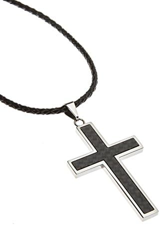 Carbon Fiber Stainless Steel Cross Pendant with leather cord, by Rugged Religion