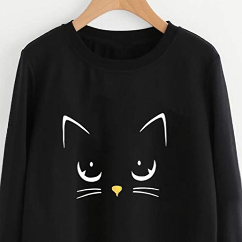 Rambling Women's Cat Print Sweatshirt Long Sleeve Loose Pullover Shirt Blouse Black
