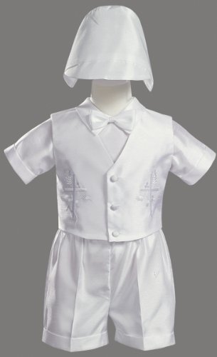 White Embroidered Shantung Chistening Baptism Vest and Short Set with Bowtie and Hat - Size S (6 Month)