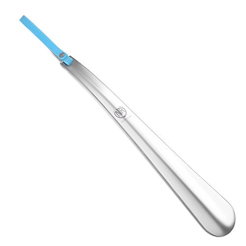 Metal Shoe Horn, Long Handled Shoehorn for Men, Women, Kids, Seniors, Pregnancy, Boots and Shoes, Heavy Duty Stainless Steel with Silicone Lanyard (Blue), 12 Inch (Pack of 1)