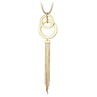 BIRSTONE Double Circular Ring Long Tassel Pendant Necklace,Gold