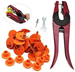 howellsfarm 1-100 Ear Tag and Applicator Kit Anti Dropping Round Cattle Sheep Animal Tags with Plier (Orange Ear tag +1 Pliers)
