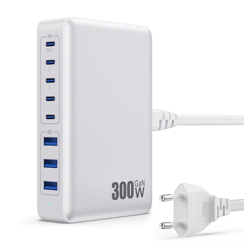 300W USB C Ladegerät Mehrfach, 8 Ports Schnellladegerät Ladestation Mit 5 USB-C und 3 USB-A Charger PD PPS 100W Netzteil für Laptop, MacBook, iPad, iP