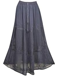 Womens Black Maxi Skirt Embroidered Vintage 70's A-line Skirt,Medium