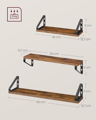 VASAGLE Wall Shelves, Floating Shelves, Set of 3, 2 Mounting Forms, 40/50/60 cm, Decorative Shelves, for Living Room, Bathroom, Kitchen, Rustic Brown and Matte Black LWS043K01