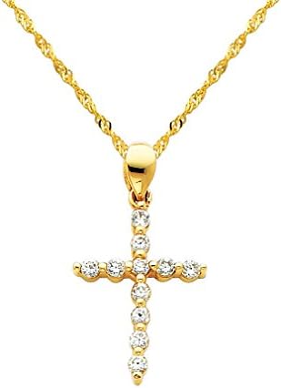 Wellingsale 14k Yellow Gold Polished CZ Cubic Zirconia Religious Cross Charm Pendant with 1.2mm Singapore Chain Neckalce