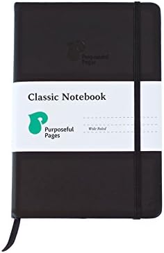 Purposeful Pages A5 Notebook Journal, Leather Cover, Wide Ruled Ivory Lined Paper, Hardcover Executive Notebooks For Writing & Taking Notes (5x8 Notebooks, Black)