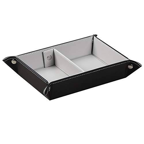 Key Tray Large for Men Leather Entryway Dish Bedside Catchall Bowl 2 Dividers Nightstand Organizer Caddy Travel Valet Tray for Wallet Coins Change Dice Watch Phone, Sundries Holder