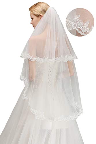 Wedding Bridal Veils Beautiful 2tiel Veil with Lace and Comb,White