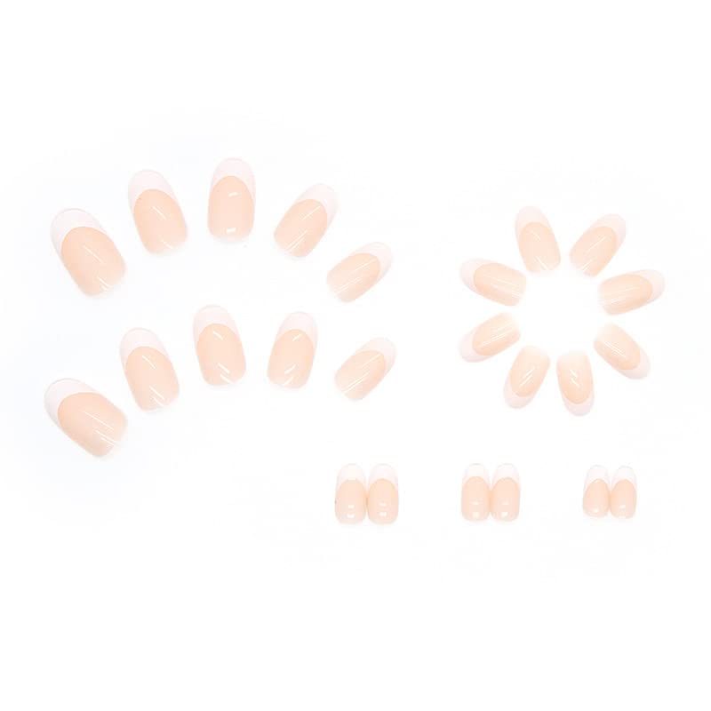 24Pcs French Tip Press On Nails, Medium Almond Tips Acrylic Full Cover White Glossy Nude Reusable Glue On Nails for Women Girls - Image 6