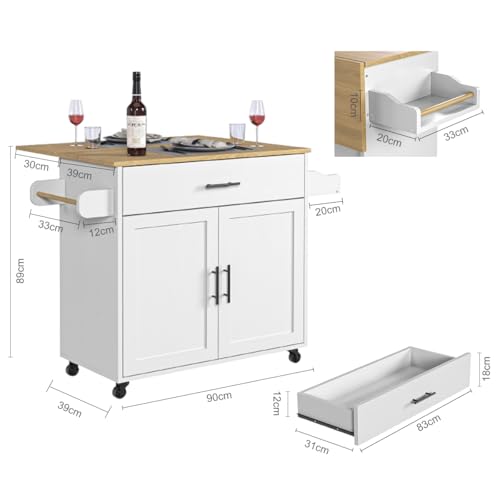 SIMPLE ESPACIO Isla de Cocina Móvil Multifuncional con Ruedas - Abatible,Organizador Integrado Gabinetes,Cajones,Especiero,Toallero Mesa Auxiliar,Almacenamiento Compacto Color de Relieve Blanco