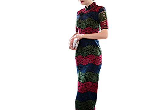 XueXian(TM) Women's 3/4 Sleeves High Slit Summer Lace Chinese Qipao Long Dress