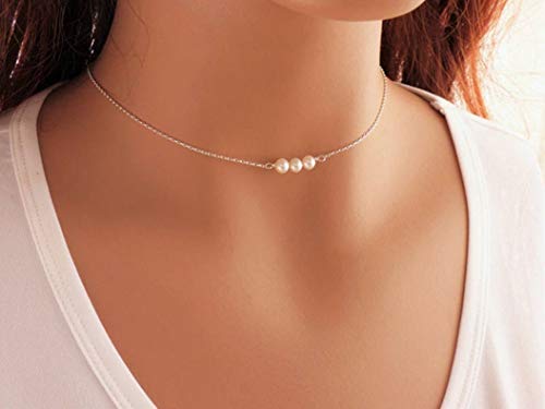 Sterling Silver Pearl Choker Necklace, Handmade with 3 Dainty Real Freshwater Pearl for Women or Girl