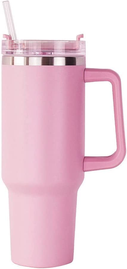 Bestlsy 40oz Stainless Steel Tumbler with Handle, Double Wall Vacuum Insulated Travel Mug for Hot Coffee & Cold Beer, Includes Straw (Pink, 1200ml) — image 1