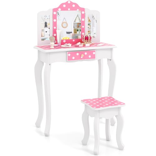 HONEY JOY Kids Vanity, Toddler Vanity Set with Tri-Folding Mirror and Stool, Children Makeup Vanity Dressing Table for Little Girls, Pretend Play Kids Vanity Table and Chair Set (Pink Dot Print) at Amazon