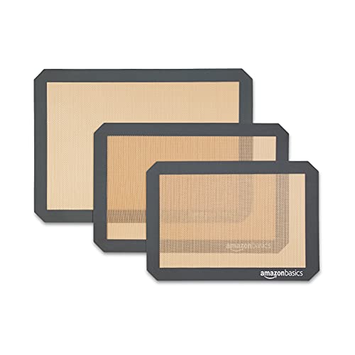 Amazon Basics Lot de 3 Rectangulaire tapis de cuisson en silicone, Marron, Noir, 86,0 cm x 33,0 cm