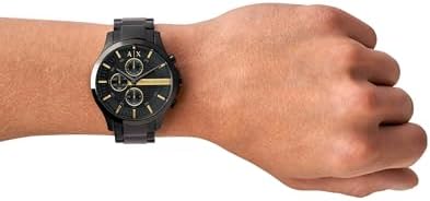 Relojes de hombre, Movimiento de cuarzo cronógrafo y caja de 46 mm con correa de acero inoxidable, Negro azabache