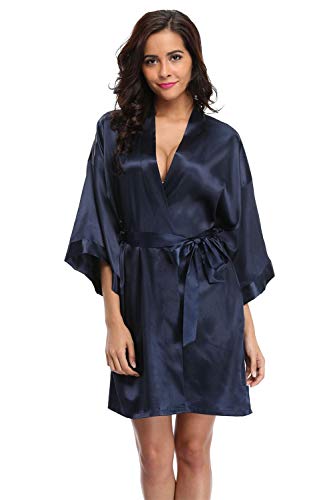 Vogue Bridal Women's Satin Rhinestone Short Wedding Kimono Robe for Maid of Honor, Navy L