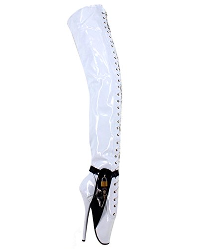 7" stiletto heel crotch ballet shoes patent white sexy fetish lace up boots with padlocks