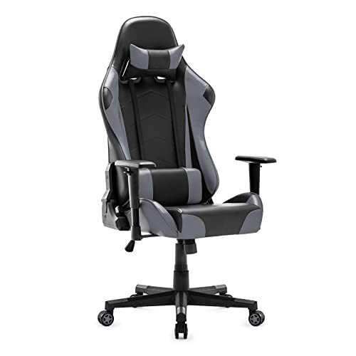 Gaming Stuhl, Racing Gamer Stuhl mit Kopfstütze und Lordosenstütze, Ergonomischer Computerstuhl, Bürostuhl mit Hoher Rückenlehne, Drehstuhl Kunstleder PU Sportsitz (grau)