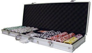 500 Count Crown & Dice Poker Set - 14 Gram Clay Composite Chips with Aluminum Case, Playing Cards, & Dealer Button for Texas Hold’em, Blackjack, & Casino Games by Brybelly