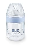 NUK Nature Sense Plastic Bottle 150ml with Silicone Small Feed Hole Teat (0-6 Months) Blue