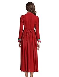 Shineflow - Vestido largo de manga larga para mujer, estilo chino tradicional, bordado floral