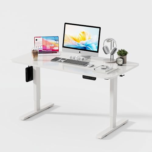 Elevable Eléctrico 160x60cm,Ajuste de Altura con Rueda,Escritorio de Pie para Oficina en Casa, con Memoria y Soporte Metálico en T (White, 160cm)