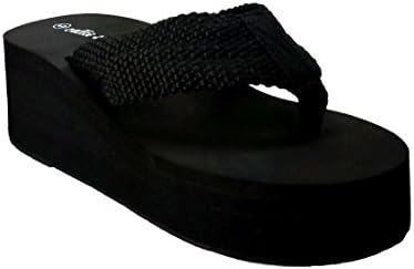 Callie Women's Crush Webbing Upper Platform Thong Flip Flop slipper (7, Black)