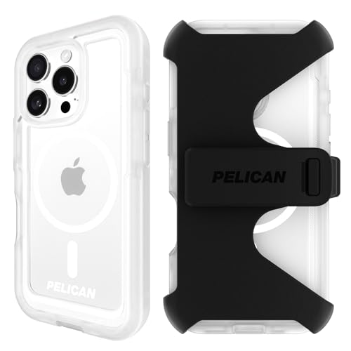 Pelican Voyager iPhone 16 Pro Case [Compatible with MagSafe] Rugged Phone Case w/ 18ft Military-Grade Drop Protection - Heavy Duty Phone Cover w/Belt Clip Holster for iPhone 16 Pro - Clear