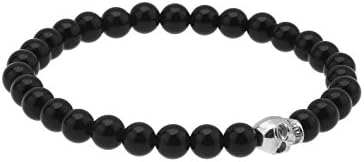 Skull Beaded Bracelet Silver Engraved Black Natural Agate Semi Precious Stone Elastic String For Men