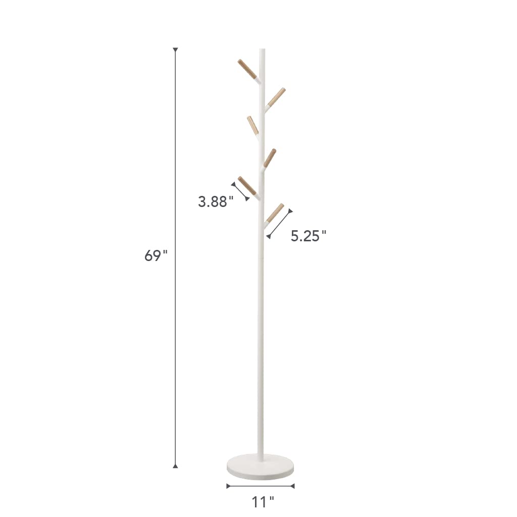 Yamazaki Home Freestanding Coat Hanger Rack with Wooden Hooks, Space Saving Steel One Size White